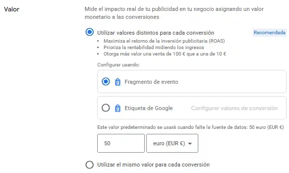 Configurar valor predeterminado para la conversion de compra