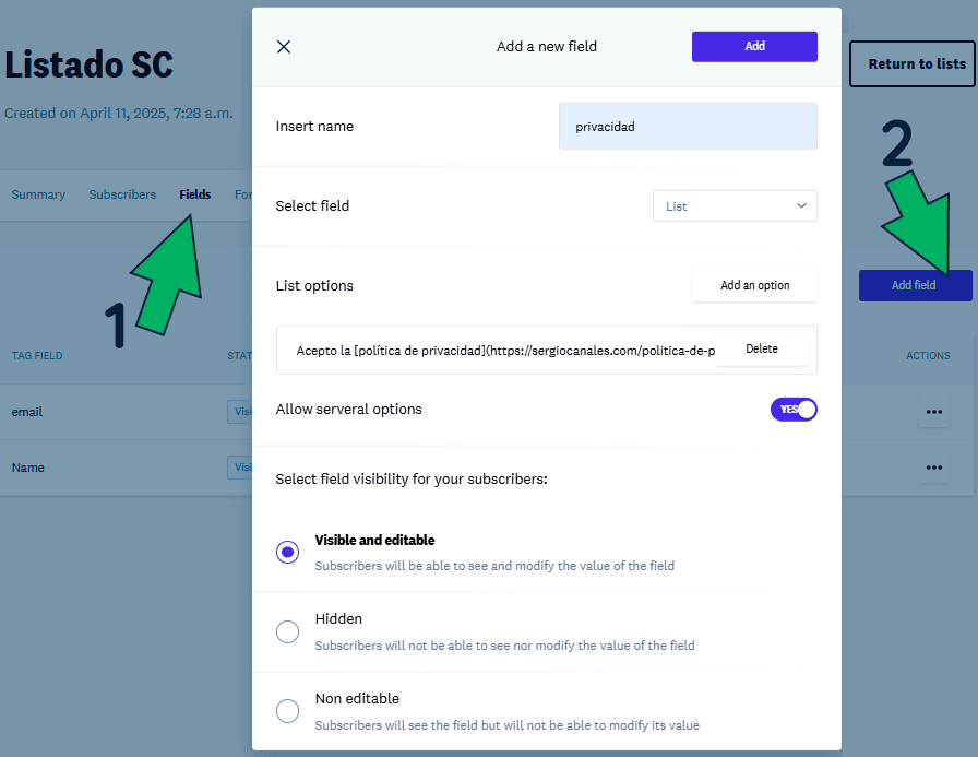 Crear campo de politica de privacidad en newsletter