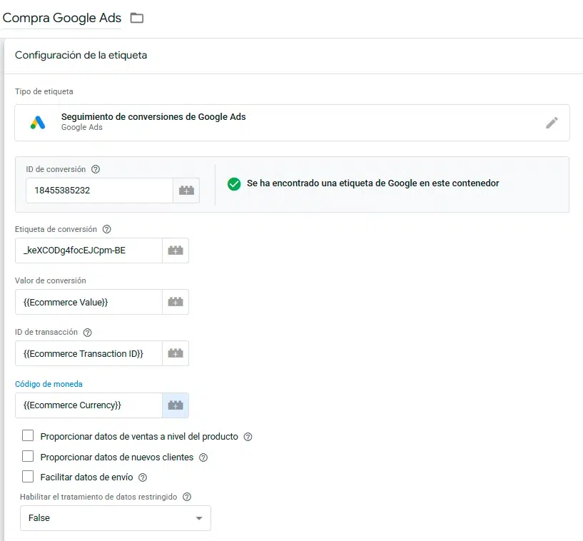 Crear etiqueta de compra en Google Ads con GTM
