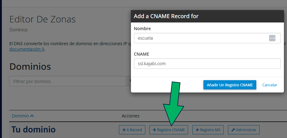 Crear registro Cname oara subdominio propio en Kajabi