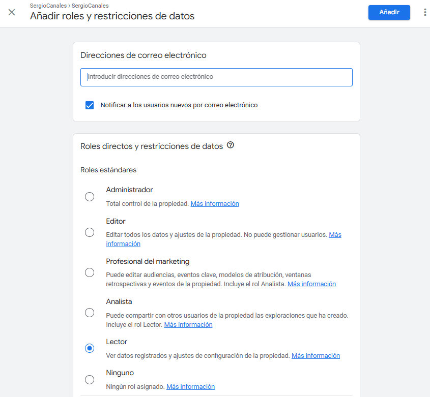 Dar acceso a GA4 a una cuenta de correo