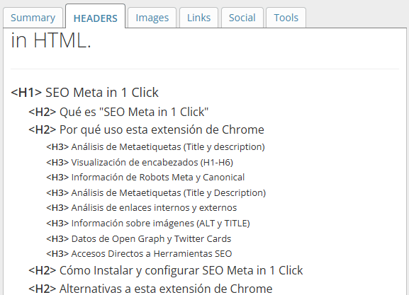 SEO Meta in 1 click pestaña de encabezados
