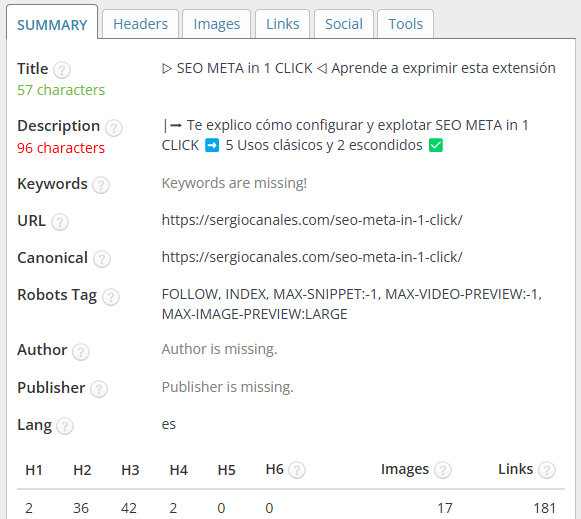 SEO Meta in 1 click pestaña resumen