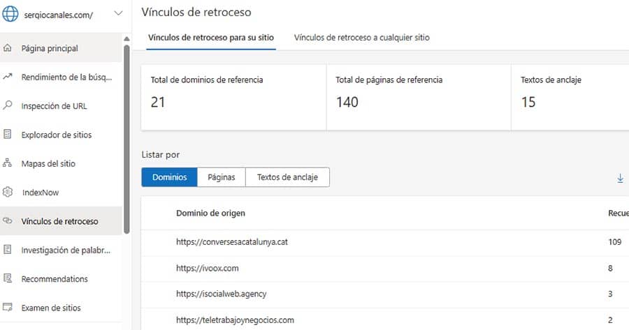 Ver los backlinks en Bing Webmaster Tools