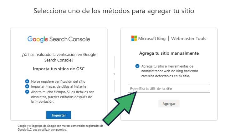 agregar sitio manualmente Bing Webmaster Tools