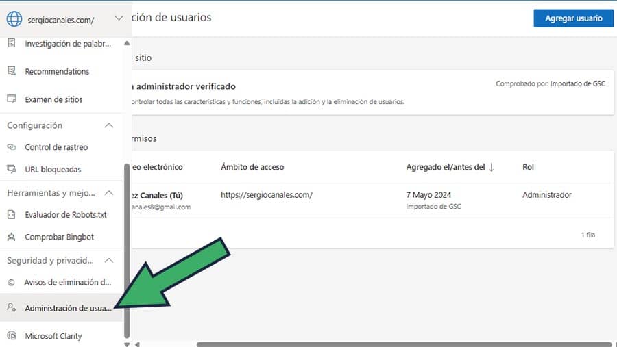 agregar usuarios en Bing webmaster Tools