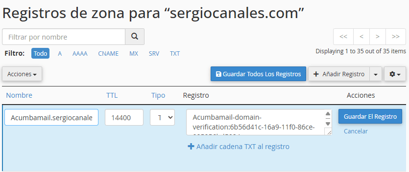 añadir registro txt a DNS