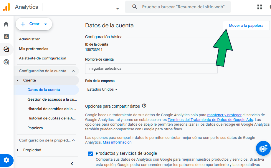borrar cuenta de Google Analytics
