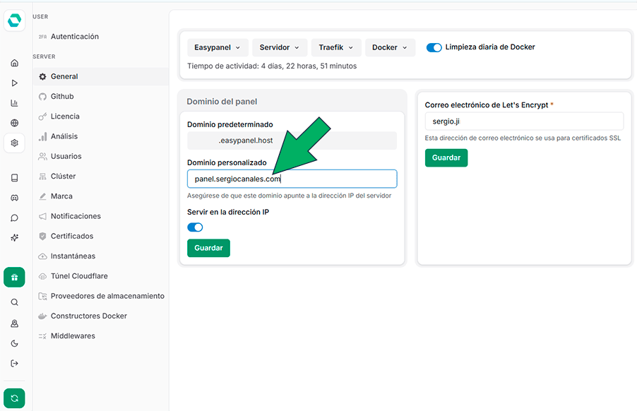 cambiar url de acceso a easypanel