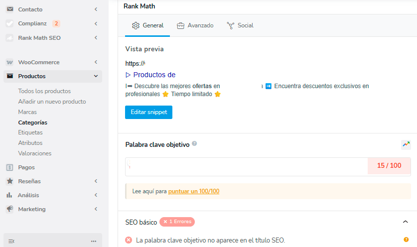 categorías en un Woocommerce con Rankmath