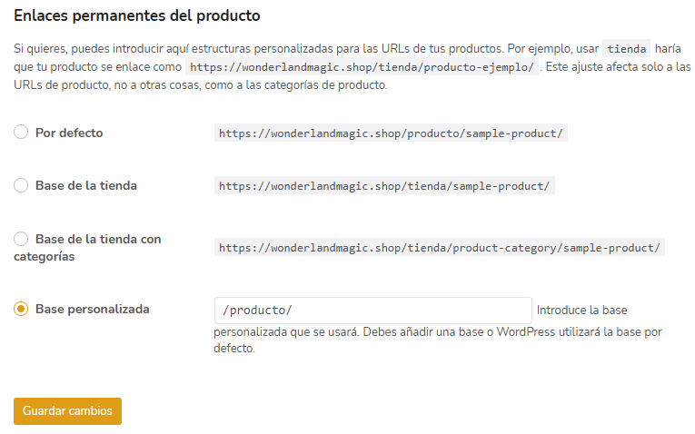 cómo configurar los enlaces permanentes de producto en Woocommerce