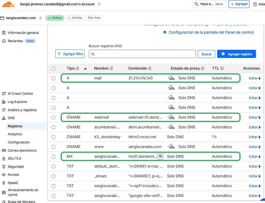 como registrar correo en la zona dns de cloudflare