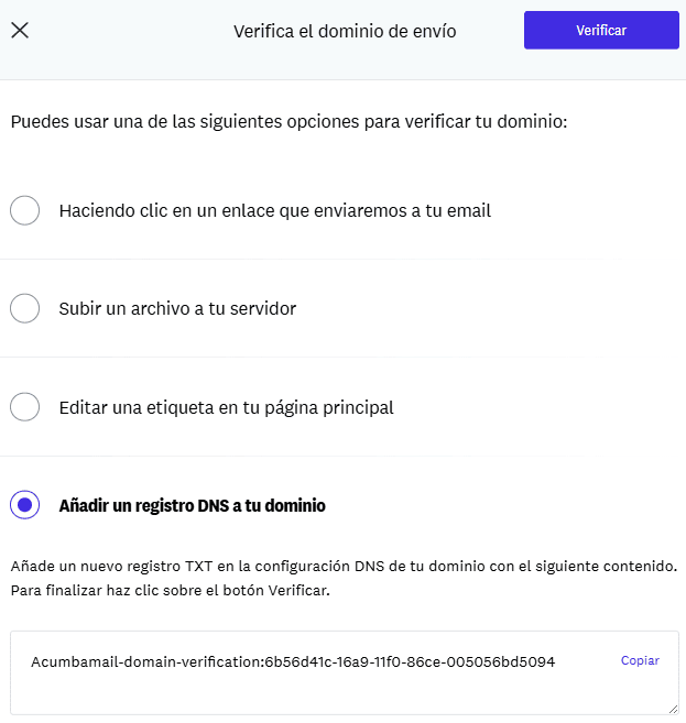 como verificar dominio en Acumbamail