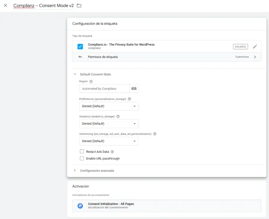 configurar complianz en gtm