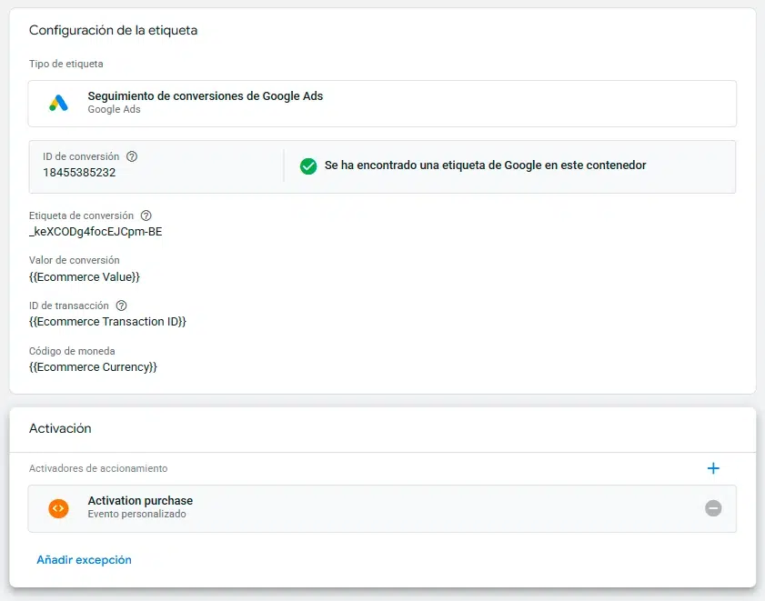 configurar etiqueta de evento de compra por Ads en Google Tag Manager