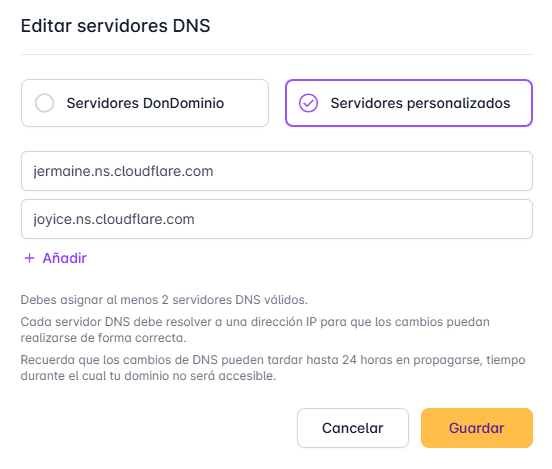 configurar nameservers don dominio