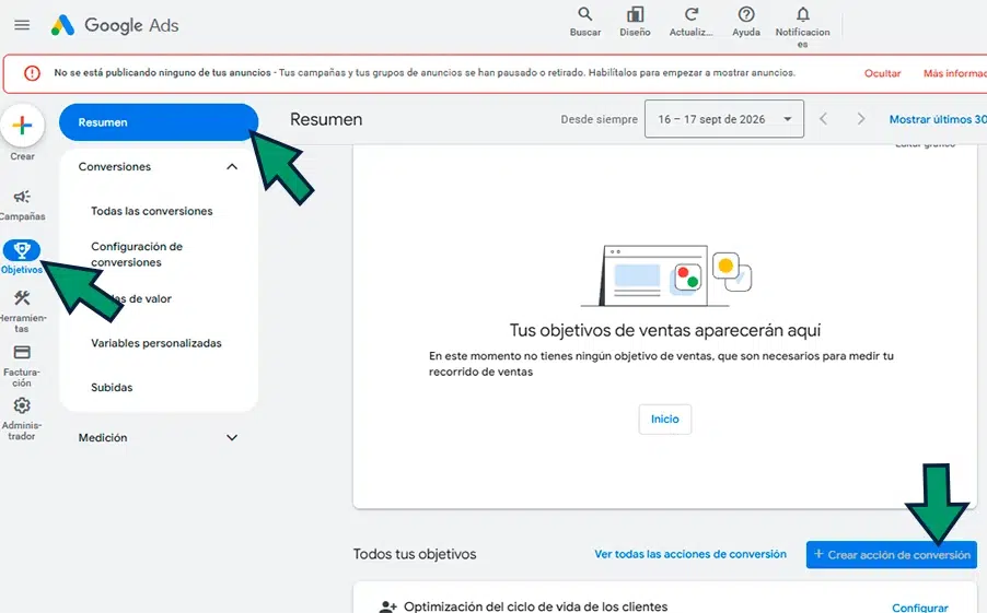 crear conversion en Google Ads