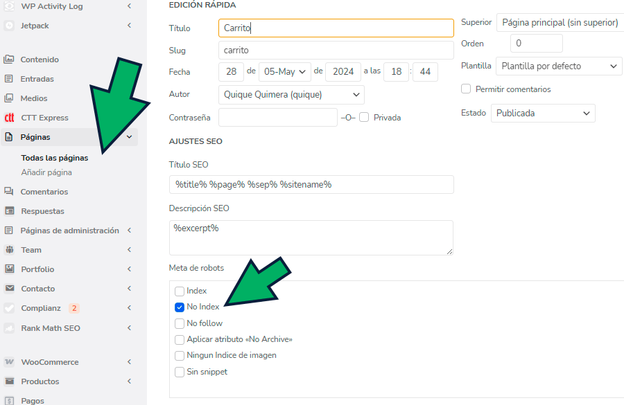 desindexar carrito de Google