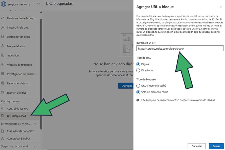 desindexar pagina de Bing Webmaster Tools