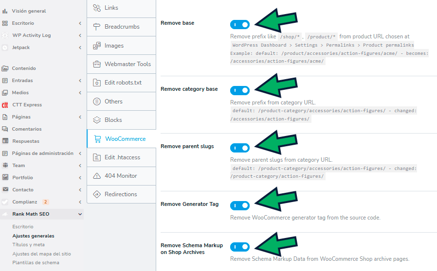 eliminar base de categoría de productos con Rankmath en un Woocommerce
