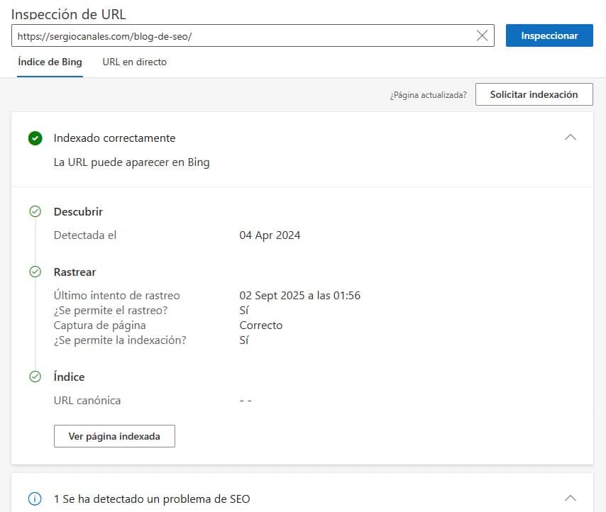 inspeccionar URL en Bing Webmaster Tools