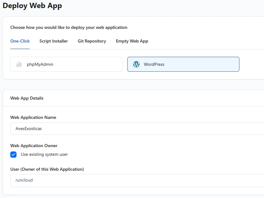 instalar wordpress desde runcloud