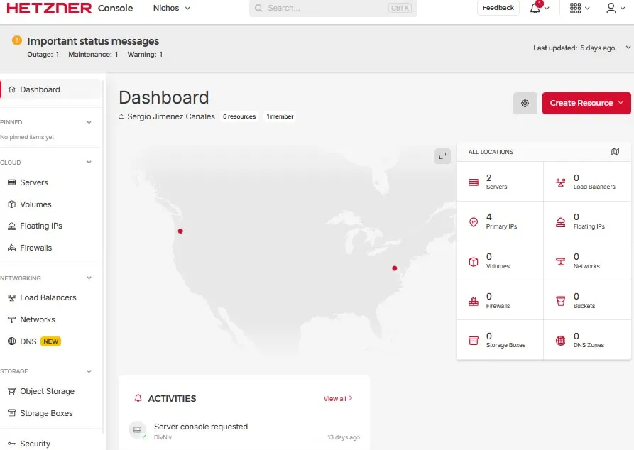 panel de control de hetzner
