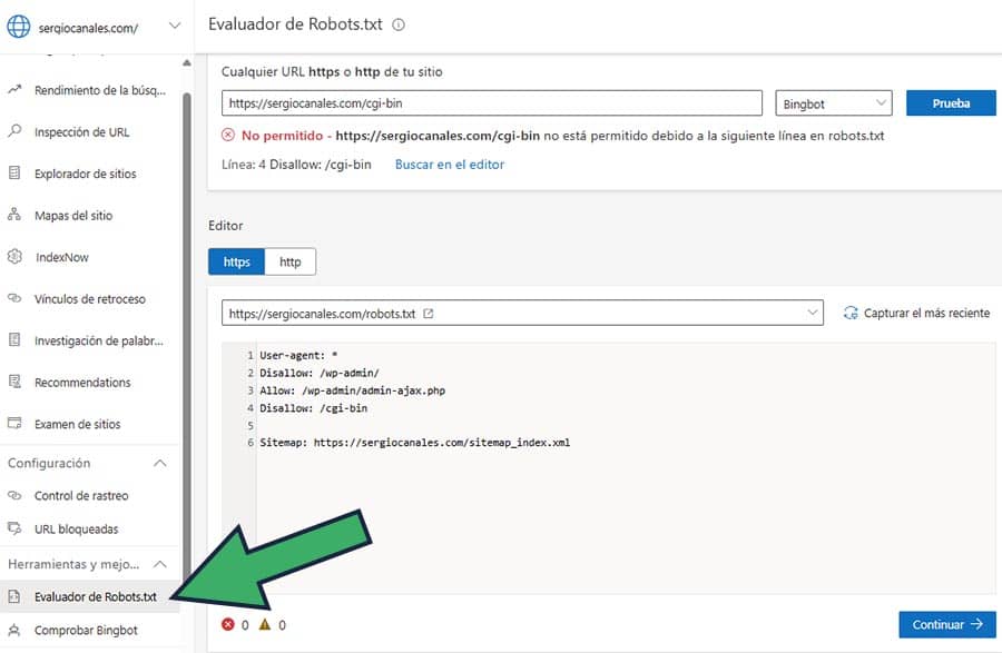 probador de robots txt de bing webmaster tools