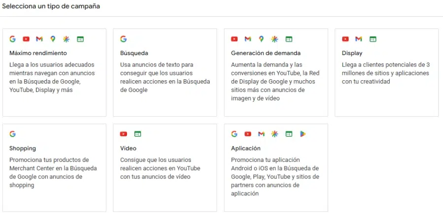 tipos de campaña en Google Ads