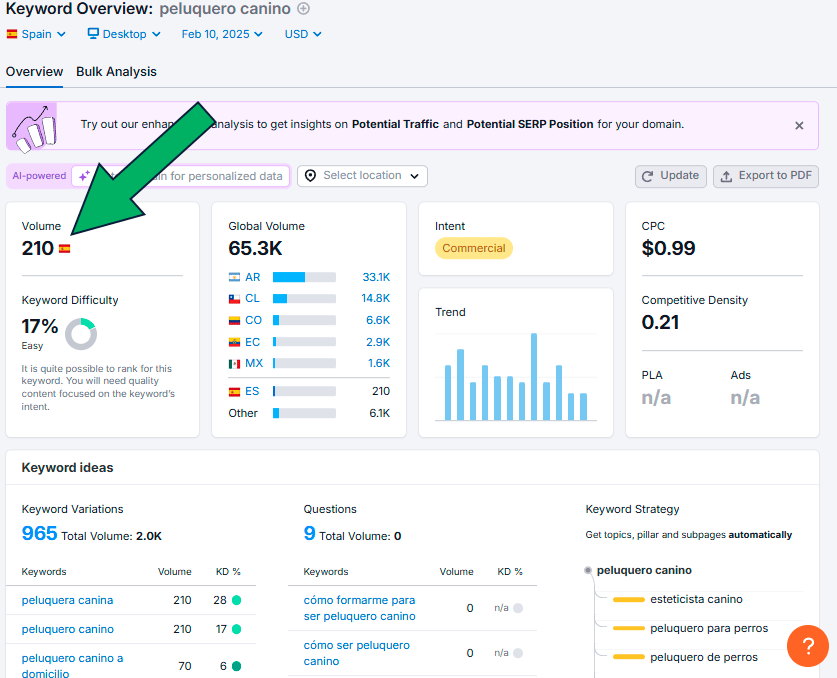 ver cuantas busquedas tiene una palabra con semrush