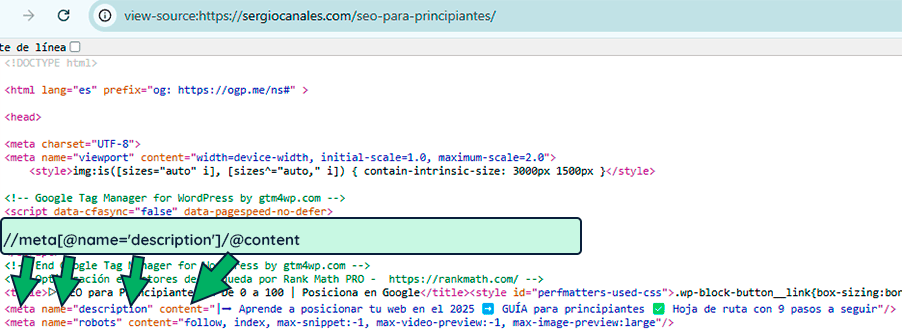 ver meta description en xpath