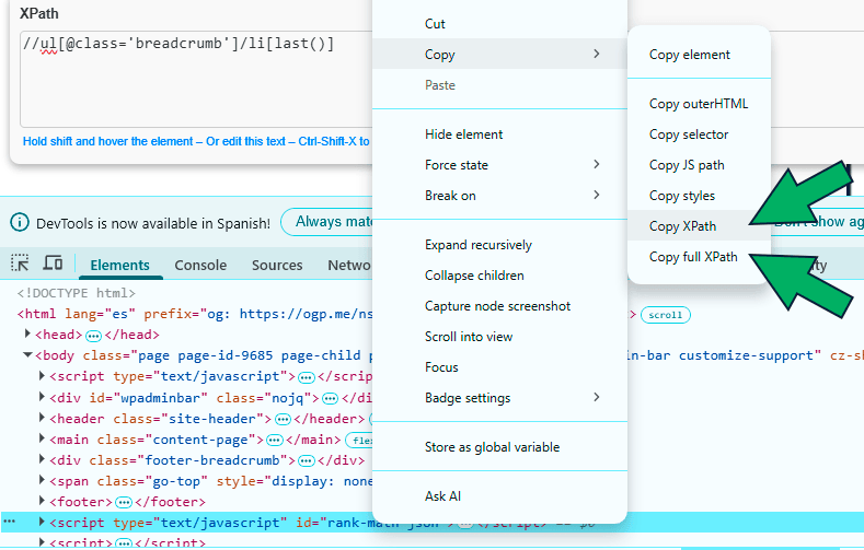ver xpath con el inspeccionador de codigo
