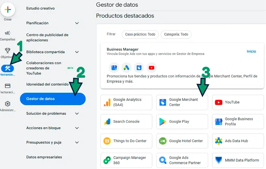 vincular Google Ads con Google Merchant Center